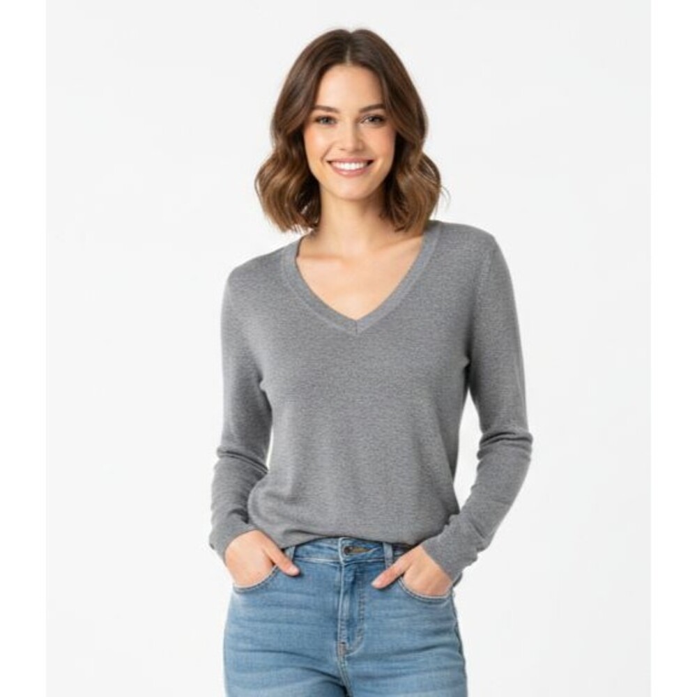 ZARA Basic V-Neck Knit Sweater Gray Size Small EUC Soft Touch Lightweight Stretc